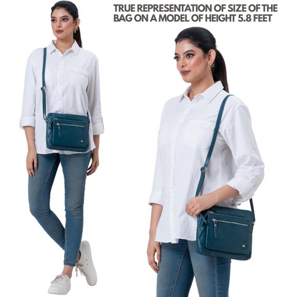 Women Teal Imported Leather Polyester Crossbody Sling Shoulder Crossover Bag - Picture 2 of 6